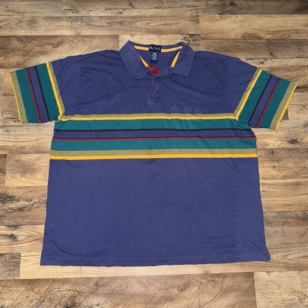 Par Four Mens Polo Shirt Large Blue Teal Yellow Striped Short Sleeve Cotton